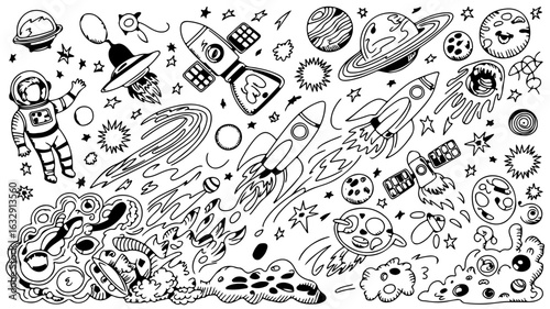 Create a descriptive title between 6 words and 180 characters, avoiding keyword lists.     *   "Hand-drawn doodle illustration of space elements including ro...