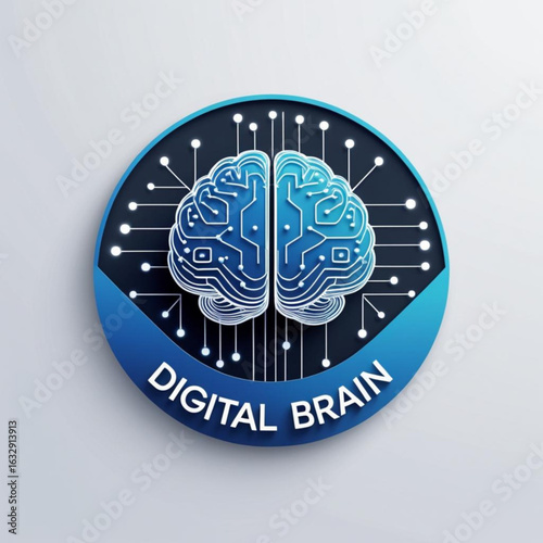 Illustration of a stylized cerebrum with circuit board patterns inside a round frame on a light surface