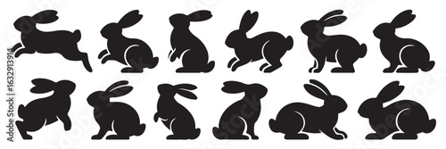 Assorted Black Bunny Silhouettes Arrayed on White Background, Creating a Playful and Energetic Composition for Design