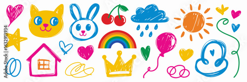 Collection of colorful children's drawings of animals, objects, and nature.