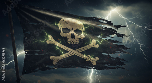 Ominous, tattered pirate flag (Jolly Roger) with glowing skull and crossbones, flying under a dark, stormy sky with vivid lightning. Perfect for themes of danger, power, adventure, and rebellion