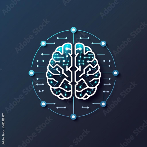 Illustration of a stylized brain with circuit patterns surrounded by connected nodes on a solid tone surface
