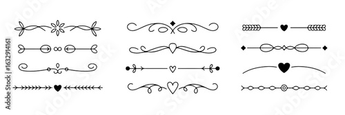 Elegant Hand Drawn Floral Dividers Collection and Decorative Vector Elements for Design Invitations and Valentine's Projects.