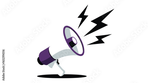 Vibrant purple and white megaphone with black lightning bolts conveying a dynamic announcement on a clean, simple background.