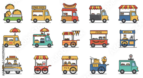 Colorful street food truck and food cart icons in hand-drawn minimal cartoon style, featuring various mobile stalls selling snacks, coffee, noodles, and drinks, with striped awnings and small wheels, 