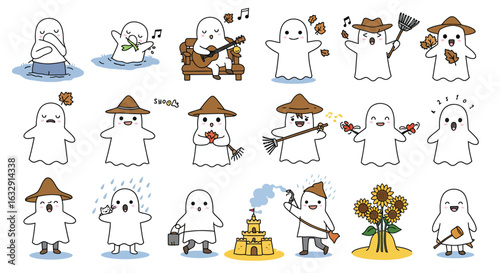 Cute cartoon ghost character icons in minimal hand-drawn style performing various activities like playing guitar, relaxing, sweeping leaves, farming, building a sandcastle, arranging sunflowers, weari