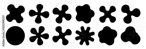 Collection of twelve abstract black organic shapes, blobs, and splats arranged in two rows on a white background.