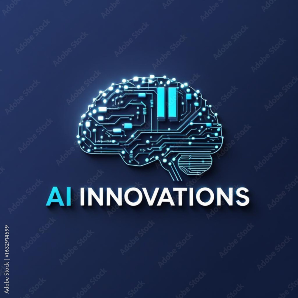 Obraz premium Glowing circuit brain with vertical bars and text ai innovations on a navy colored plain surface
