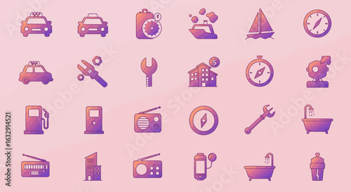 Vector icon set featuring simplified monoline symbols enclosed in rounded square containers. Each icon is rendered in clean white lines with consistent stroke weight, placed over a smooth duotone grad