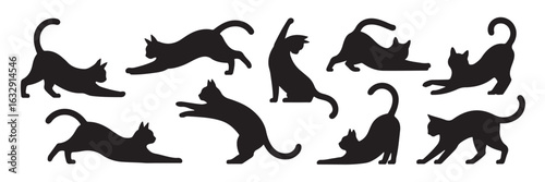 Playful Feline Frolic: A Collection of Dynamic Black Cat Silhouettes in Various Poses on a White Background