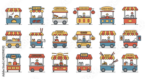 Colorful street food truck and food cart icons in hand-drawn minimal cartoon style, featuring various mobile stalls selling snacks, coffee, noodles, and drinks, with striped awnings and small wheels, 