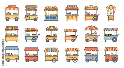 Colorful street food truck and food cart icons in hand-drawn minimal cartoon style, featuring various mobile stalls selling snacks, coffee, noodles, and drinks, with striped awnings and small wheels, 