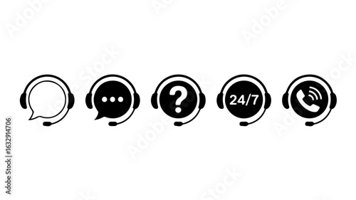 A set of five black and white icons representing customer service, support, and communication concepts.
