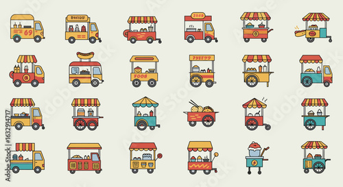 Colorful street food truck and food cart icons in hand-drawn minimal cartoon style, featuring various mobile stalls selling snacks, coffee, noodles, and drinks, with striped awnings and small wheels, 