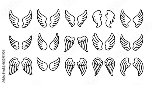 A collection of diverse angel wing illustrations in various styles and forms, presented as a graphic resource.