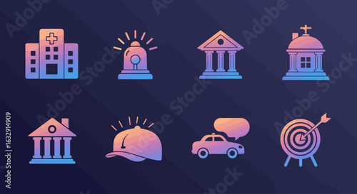 Vector icon set featuring simplified monoline symbols enclosed in rounded square containers. Each icon is rendered in clean white lines with consistent stroke weight, placed over a smooth duotone grad