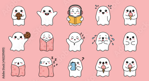 Cute cartoon ghost character icons in minimal hand-drawn style performing various activities like playing guitar, relaxing, sweeping leaves, farming, building a sandcastle, arranging sunflowers, weari