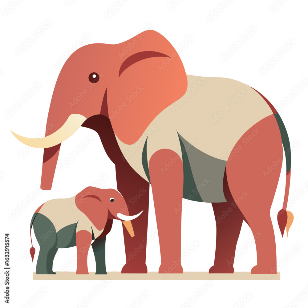 Fototapeta premium Minimalist African Elephant Family Vector Art on White Background