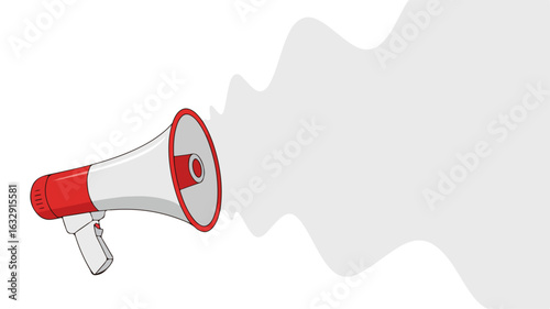 A red and white megaphone making an announcement with a grey sound wave providing copy space.
