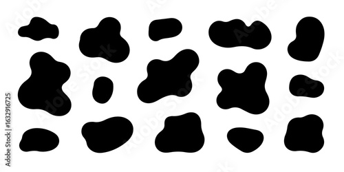 Bold graphic print of a cow pattern, featuring abstract black irregular spots on a clean white background.