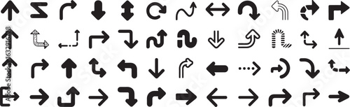 A comprehensive collection of diverse arrow icons, showcasing various directions, curves, and styles for graphic design and navigation purposes.