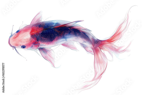 Elegant koi fish watercolor painting artistic aquatic illustration red ink on transparent background