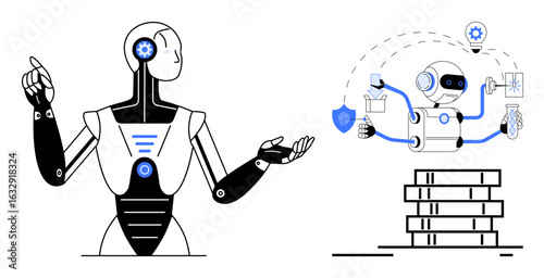 Human-shaped robot in thoughtful gesture engaging with multitasking AI operating with data, tools, security elements, and analytics. Ideal for technology, AI, innovation, automation, data science