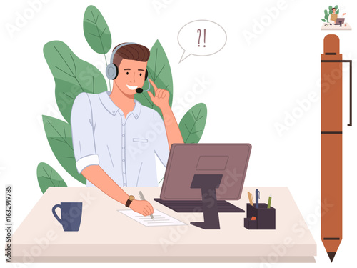 Man answering client inquiries at desk with headset and monitor, working in customer service. Ideal for support, communication, remote work concepts, helpdesk, productivity, teamwork, simple landing