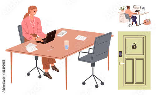 Woman focused on laptop at desk, remote worker at smaller station, and a secure smart door. Ideal for work-life balance, remote work, security, technology, smart home, office productivity simple