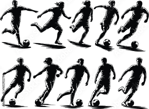 A black and white illustration set of dynamic soccer player silhouettes. Collection of football players in various action poses like kicking and dribbling.