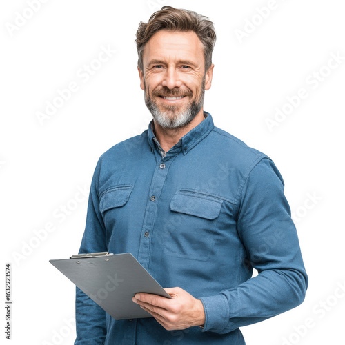 Confident mature man with beard holding clipboard and smiling, wearing blue shirt, isolated on transparent background
