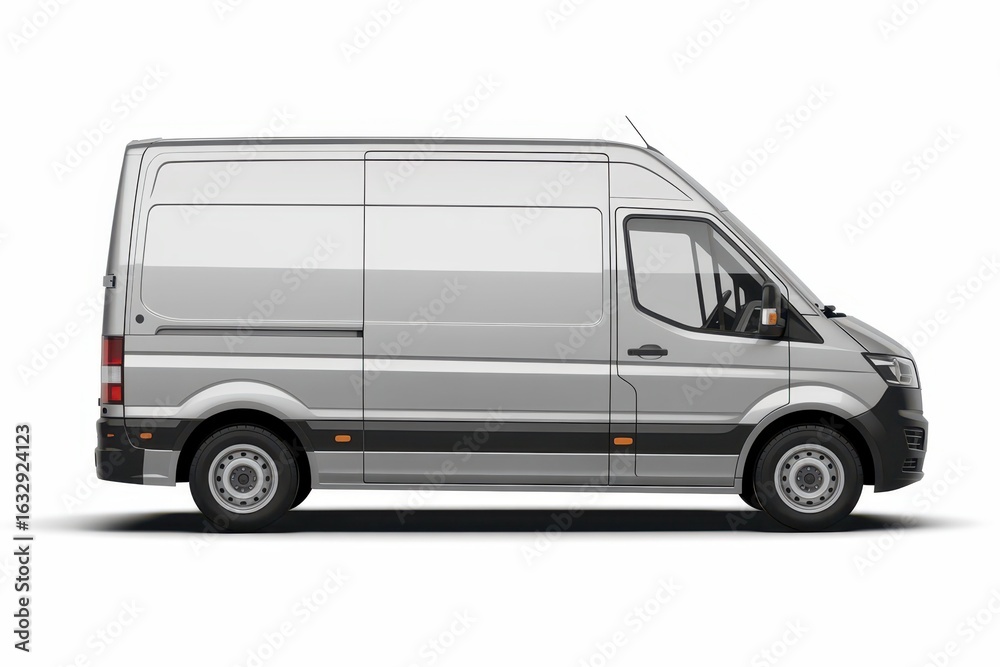 Naklejka premium Delivery Van Side View Isolated on White Background Transportation Concept, with empty blank space for text copy space or mockup design, high detail, 8k