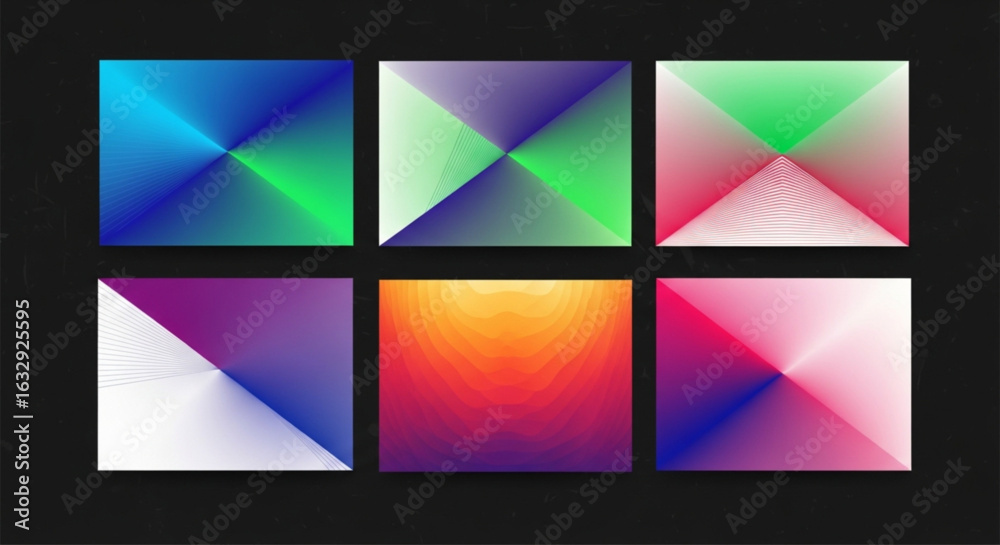 Fototapeta premium Six abstract square images with gradient color schemes and line patterns