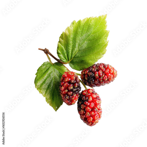 Fresh mulberries still on the branch, vibrant red and green tones perfect for healthy eating themes on transparent background