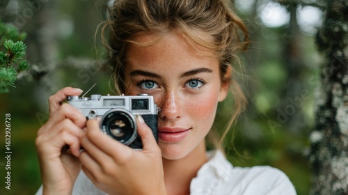 Young woman with freckles holds vintage camera, capturing nature's beauty in an outdoor, serene, and tranquil forest setting.