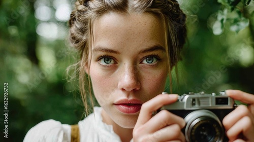 Captivating Portrait of a Young Woman with a Vintage Camera Surrounded by Lush Greenery and Braided Hairstyle