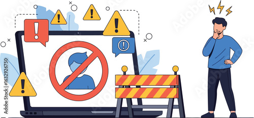 Banned user account illustration with laptop and warning signs, frustrated man facing blocked profile access, digital restriction concept EPS