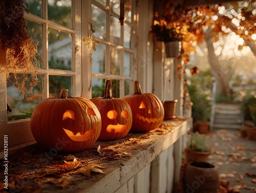 Glowing Jack-o'-lanterns on Rustic Porch: A Warm and Inviting Halloween Scene Displaying Festive Fall Decor
