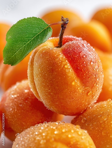 Juicy Apricots Freshly Picked Displayed with a Green Leaf and Water Droplets in a Close-Up Image