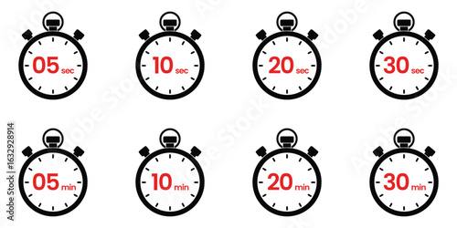 Set of stopwatches displaying various timed intervals.
