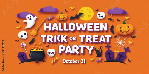 Halloween Trick or Treat Party Invitation Poster. Halloween Poster Vector