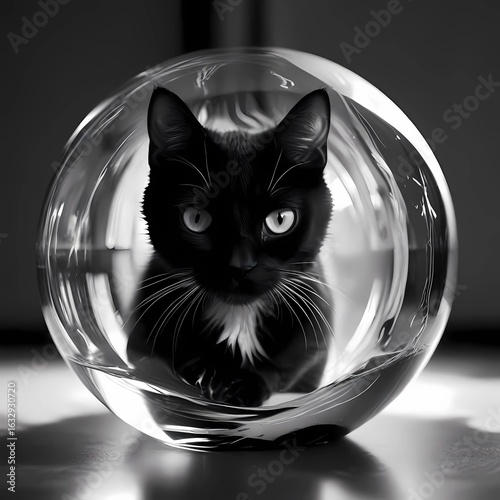 Black cat in a clear glass sphere