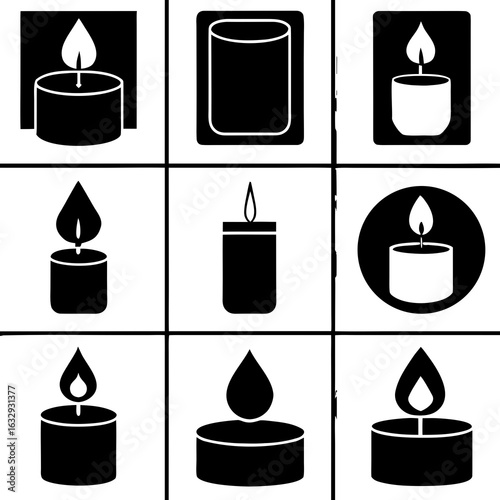 Nine black silhouette icons of candles with flames on white and black backgrounds light fire