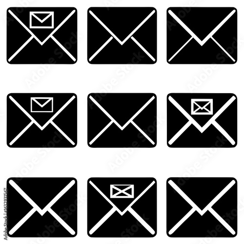 Nine black and white icons of envelopes and mail symbols in a grid Keywords: mail, email, message, letter, communication, correspondence, envelope, inbox, send, receive, post, delivery