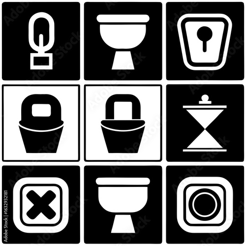 Collection Of Bathroom And Sanitation Related Icons In Black And White toilet hygiene