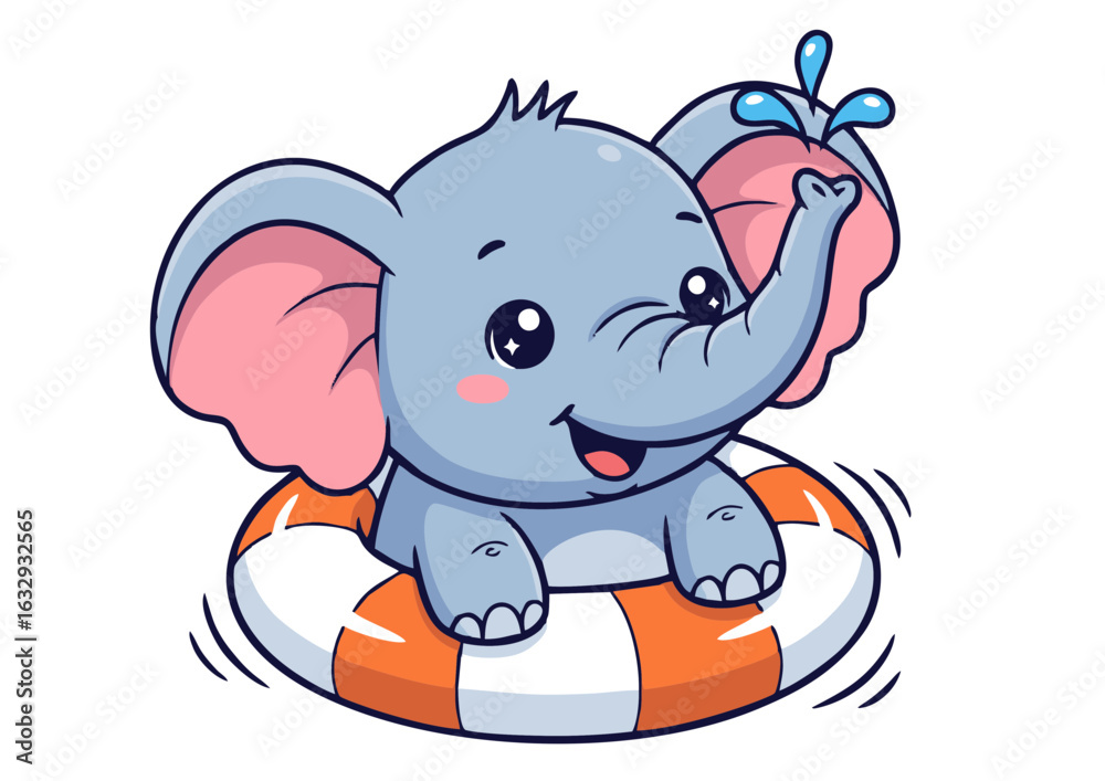 Fototapeta premium A cute and playful baby elephant cartoon character splashing water while floating on a swim ring. Adorable animal enjoying summer swimming fun.