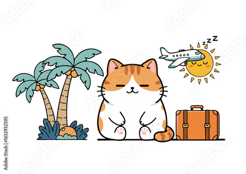 A cute kawaii cat dreaming of a tropical summer vacation. Adorable character illustration with palm trees, a suitcase, and an airplane.