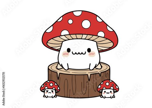 Whimsical cartoon drawing of a cute mushroom character with a red toadstool cap, smiling happily on a tree stump with two little friends.