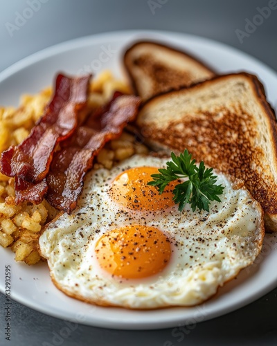 Delicious breakfast plate with eggs, bacon, and toast.