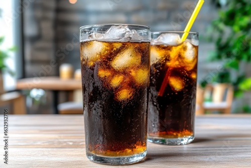 Refreshing cola drinks with ice on a wooden table.